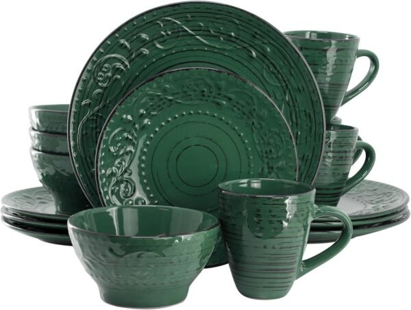 Malibu Sea Glass 16-Piece Stoneware Embossed Pattern Reactive Glaze Dark Green Dinnerware Set, Tableware, Serveware Set (Sea Glass Green)