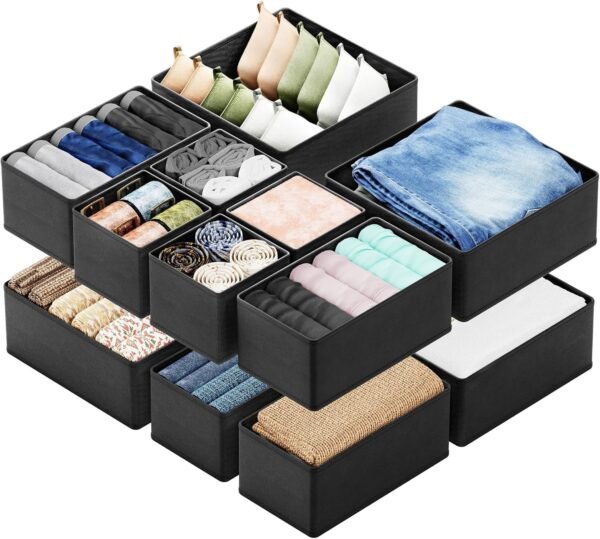 Drawer Organizer Clothes, 12 Pack Dresser Organizer, Foldable Drawer Organiser, Drawer Dividers for Nursery, Baby Clothes, Underwears, Sock (black)