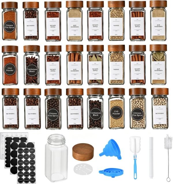 Spice Jars with Label, 24 Pcs Glass Spice Jars with Acacia Wood Lids, 4oz Spice Jars Set, Spices Container Set, Seasoning Storage Bottles for Spice Salt, Sugar