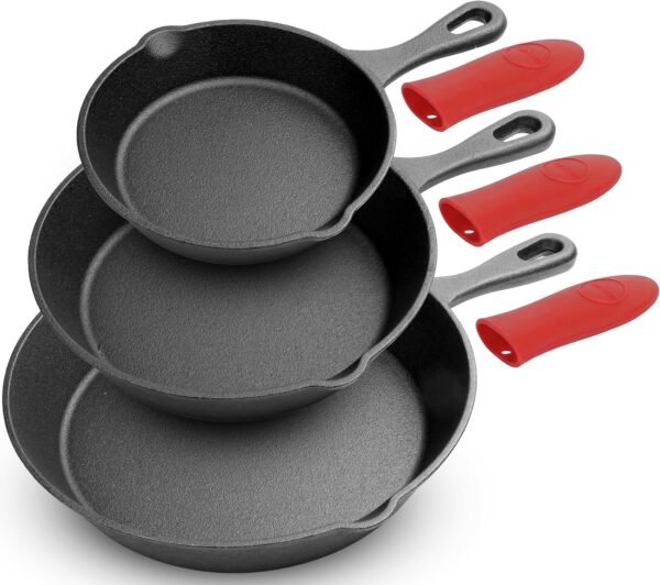 Pre-Seasoned Cast Iron Skillet Set – 3 Piece Set with Silicone Handle Covers – 8/10/12 Inch