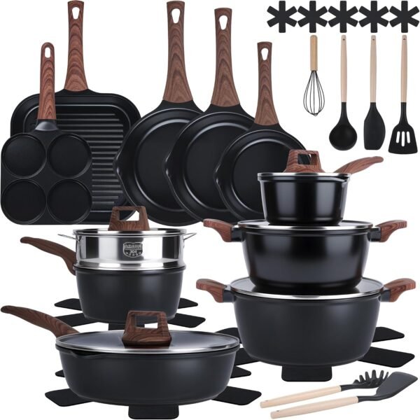 Pots and Pans Set with Ceramic Coating & Detachable Handle cookware Set, fits All stoves, PFAS PTFE PFOA PFOS Free (Black 30 pcs)