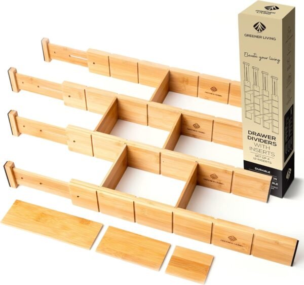 Bamboo Drawer Dividers - Cutlery Drawer Organizer with 12 Inserts, Utensil Drawer Organizer, Kitchen Drawer Dividers, Adjustable & Expandable Drawer Organization, Set of 4 (43-55cm)