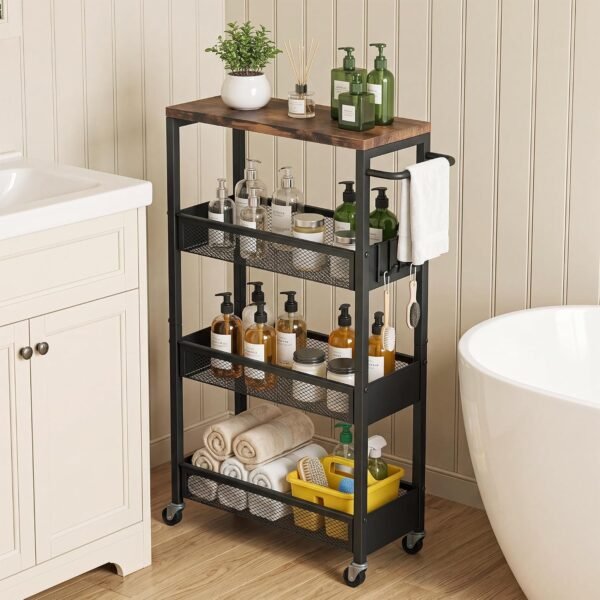 Rolling Utility Cart, 4 Tier Metal Narrow Storage Cart with Handle and Wood Top, Multifunctional Small Mobile Shelf Unit Organizer Trolley for Laundry, Bathroom, Kitchen