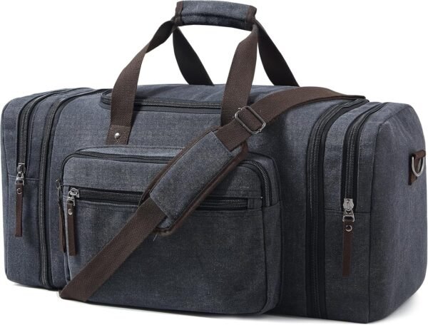 70L Large Canvas Travel Holdall for Men – Expandable Duffel Bag – Extra Spacious Weekend Bag for Holidays, Gym & Long Trips – Dark Grey