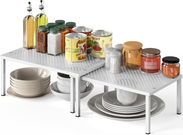 Stackable Metal Pantry Shelf Organiser, Set of 2, White | Expandable & Stackable 9" D x 12.75" W x 5.9" H
