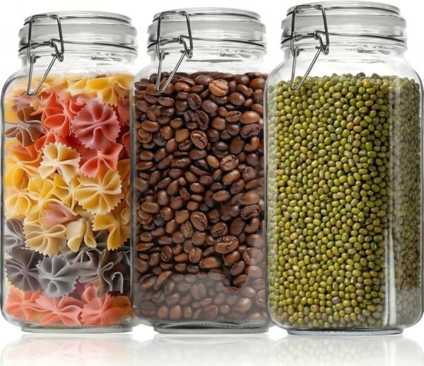 78oz Large Glass Food Storage Jars with Clamp Lids,3pcs with 8 Labels | Square Large Glass Jars,Mason Jars wide mouth,Airtight Kitchen Canisters for Flour,Sugar,Cereal,Pasta,Coffee