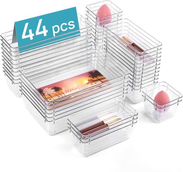 44 PCS Plastic Clear Drawer Organisers, 4 Sizes | Versatile Bathroom and Vanity Trays, Non-Slip Storage Containers for Makeup, Jewelries, Bedroom, Kitchen Utensils and Office