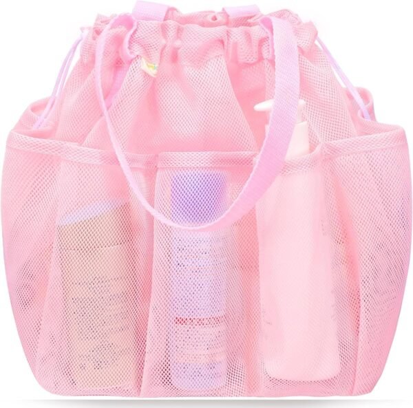 Mesh Shower Caddy Portable with Drawstring, Dorm Room Essentials for College Students Girls, Large Shower Bag for Camping, Swimming, Gym, Travel, Bathroom - Pink