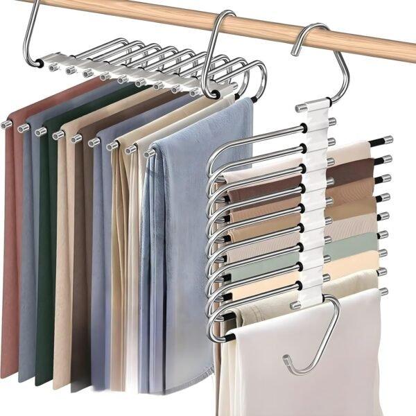 Pants Hangers 2-Pack 9 in 1 Space-Saving S-Type Stainless Steel Clothes Pants Hangers with Anti-Slip Design, Ideal for Clothes Closet Storage Organizer of Pants, Jeans, Skirts in White color