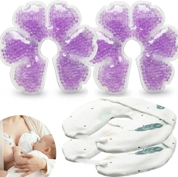 2-Pack Reusable Breast Ice Packs for Breastfeeding Moms, Purple | Hot & Cold Gel Pads with Soft Washable Covers, Comfort Relief for Engorgement, Milk Flow Support, Nursing & Pumping Routines