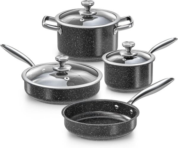 7-Piece Nonstick Granite Induction Stainless Steel Pots and Pans Set with Frying Pans & Saucepans - Non-Toxic, PFOS & PFOA Free, Oven Safe, Suitable for All Stoves, Dishwasher Safe, Black