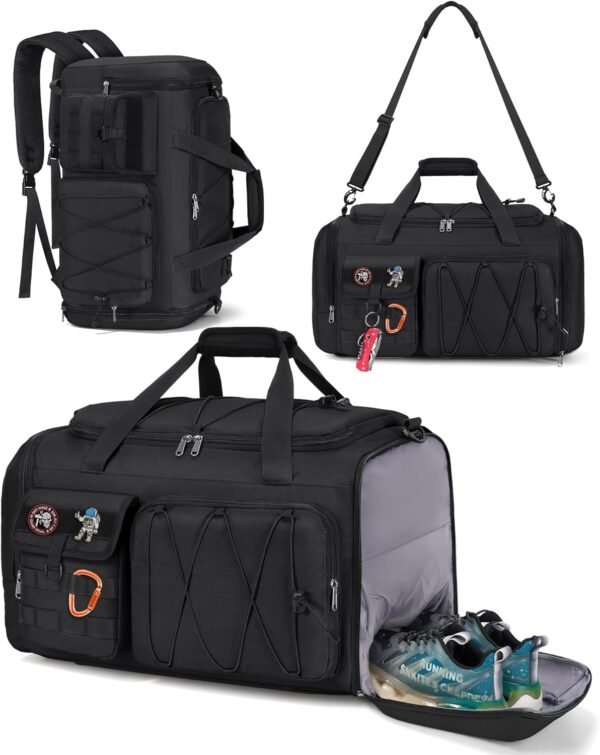 Gym Bag for Men 45L Sports Duffel Bags 3-in-1 Travel Duffel Bag with Shoe Compartment, Gym Workout Backpack Carry On Weekender Bag Overnight Bag for Travel, Black