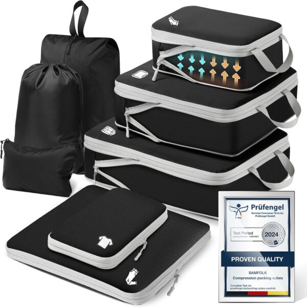 Compression Packing Cubes for Suitcases Packing Cubes Compression Set Waterproof Suitcase Organiser Bags for Travel Suitcase Luggage Packing Organizer Bags Travel Essentials BlackGray 8 Set