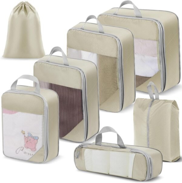 Compression Packing Cubes for Travel, Packing Cubes Set with Compression, Luggage Organiser Bags for Suitcase, Travel Packing Organiser, Space Saving Travel Accessories (Beige, 7pcs)