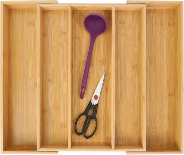 Bamboo Expandable Kitchen Drawer Organizer, Cutlery Tray Organiser | Large Adjustable Utensil Holder, Drawer Divider for Silverware, Flatware, Knives in Kitchen, Bedroom, Living Room