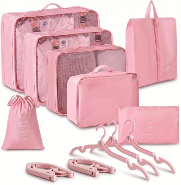 7 Set Packing Cubes Travel Organizer(Pink), Ripstop Mesh Ultralight Expandable Luggage Organizers with 5 Foldable Hangers for Carry-on, Travel & Backpack