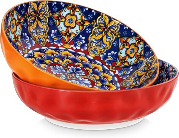 Large Serving Bowls, 78 Oz Extra Large Salad Bowls Set of 2, Bohemian Decorative Bowls for Salad, Fruit, Pasta and Dinner, Serving Dishes Set for Party, Dishwasher & Microwave Safe－Red