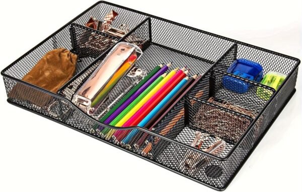 Desk Drawer Organizer Tray, Metal Mesh Drawer Organizers Office, 6 Adjustable Compartment, Desk Organizer Tray for Home Office 12.87x8.73x1.96 inch, Black, 1 Pack