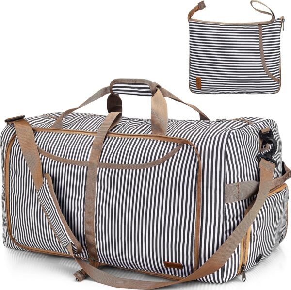 Travel Duffel Bag, 80L Foldable Duffle Bag for Women Men, Collapsible Overnight Bag with Shoes Compartment, Water-Resistant Large Convertible Luggage Bag (Stripe, 80L)