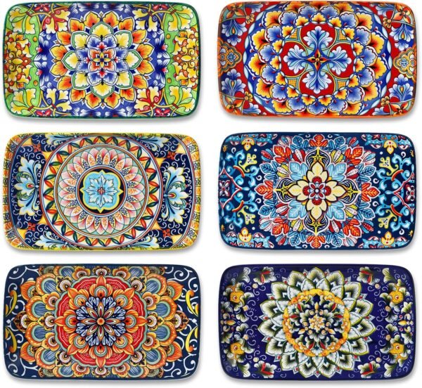 Simi Rectangular Serving Plates, Porcelain, Set of 6, Bohemian Dinner Plates, Plate Set for 6 People, 22 x 13 x 2.3 cm