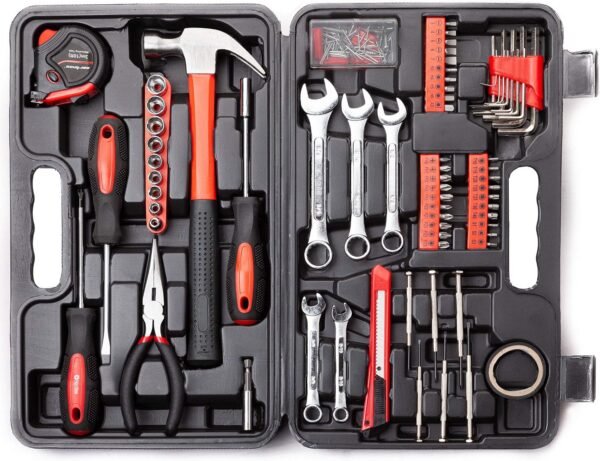148-Piece Automotive And Household Tool Set, Red Repair Kit Case | Versatile tool assortment for car maintenance, home repairs, DIY projects, furniture setup, and daily fixes in a molded case.