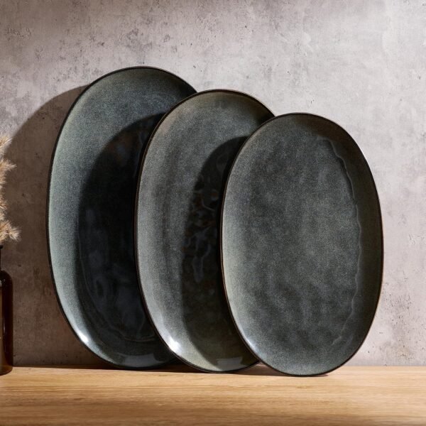 Serving Platter, Oval 15.59/14.3/12.9 inch Serving Dishes for Entertaining, Serving Bowls, Dishwasher Safe, Fine Stonware Serving Trays for Party, Turkey, Cheese, Reactive Glaze, Deep Forest