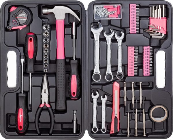 148-Piece Automotive And Household Tool Set, Pink Repair Kit Case | Versatile tool assortment for car maintenance, home repairs, DIY projects, furniture setup, and daily fixes in a molded case.