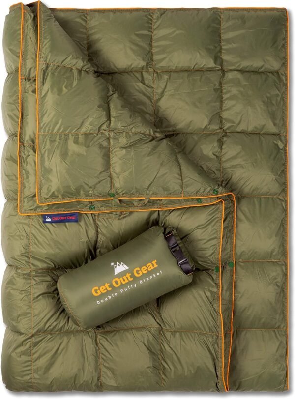 Out Gear Double Puffy Camping Blanket - Extra Puffy, Packable, Lightweight and Warm | Ideal for Outdoors, Travel, Stadium, Festivals, Beach, Hammock | Water-Resistant Camp Quilt (Olive/Orange)